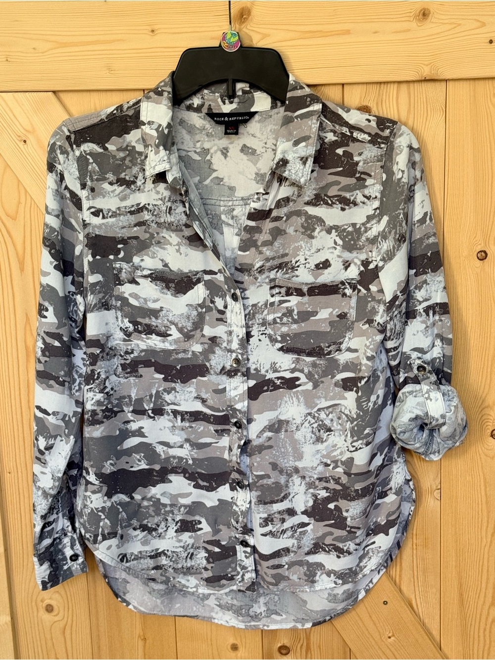 Rock & Republic Grey and White Camouflage Button-Down Rayon Shirt